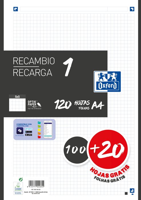 Recambio 1 color a4 100+20h 90g cuadricula 5x5 color banda negro Imagen principal del producto