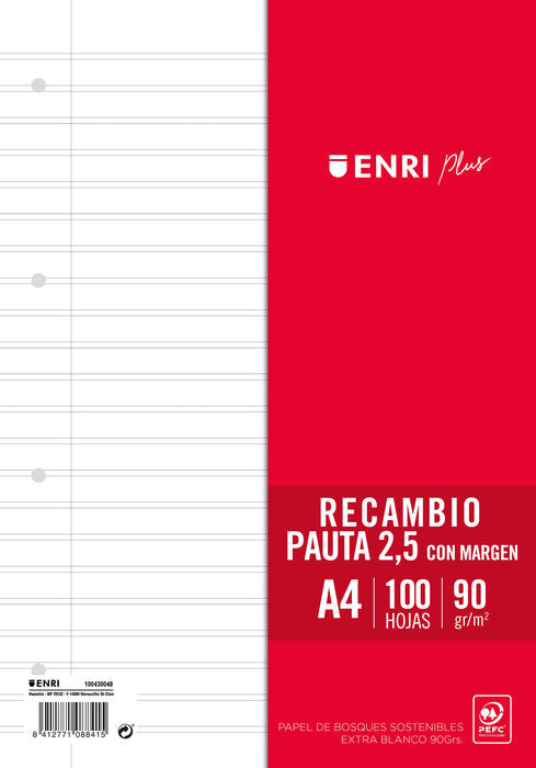 RECAMBIO FOLIO 100H PAUTA 2,5MM 4 TALADROS ENRI | 1 UNIDADES | (ENRI 2000, S,A,) Imagen principal del producto