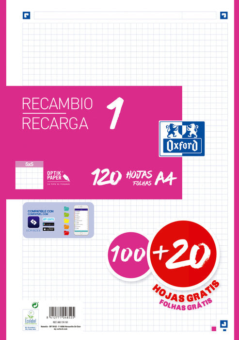 Recambio 1 color a4 100+20h 90g cuadricula 5x5 color banda fucsia