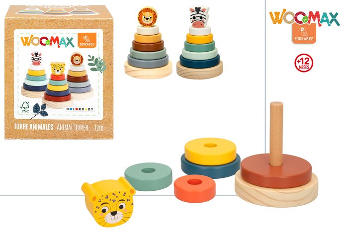 TORRE MADERA ANIMALES WOOMAX ZOOKABEE 3 SURTIDO | COLORBABY WOOMAX | 1 UNIDAD | 8412842475830 Imagen principal del producto