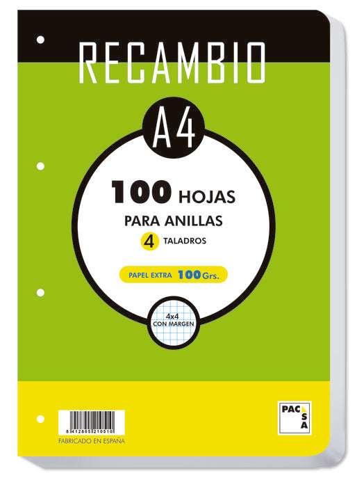 RECAMBIO A4 CUADRO 4MM 100G CANTOS REDONDEADOS 4 TALADROS | 1 UNIDADES | (PACSA) Imagen principal del producto