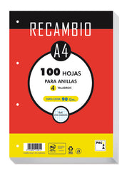RECAMBIO A4 100H 90GR HORIZONTAL 4 TALADROS | 1 UNIDADES | (PACSA)