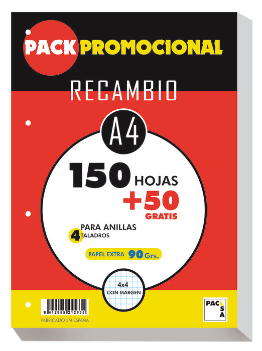 PACK PROMOCIONAL RECAMBIO A4 CUADRO 4MM 90G 200H 4 TALADROS | 1 UNIDADES | (PACSA)