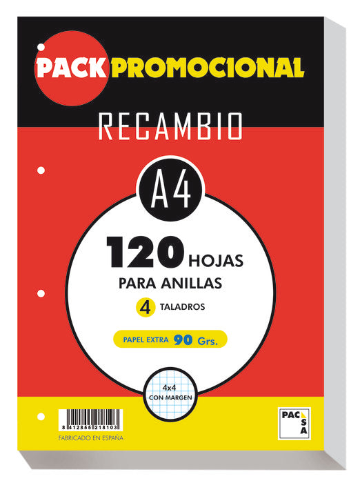 PACK PROMOCIONAL RECAMBIO A4 CUADRO 4MM 90G 120H 4 TALADROS | 1 UNIDADES | (PACSA)