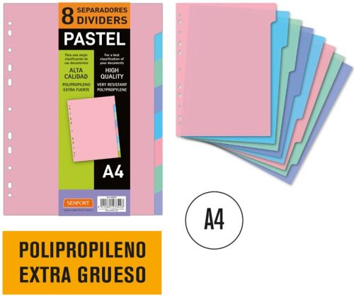 Bolsa separadores a4 extra-fuerte 8 pestañas pastel multitaladro