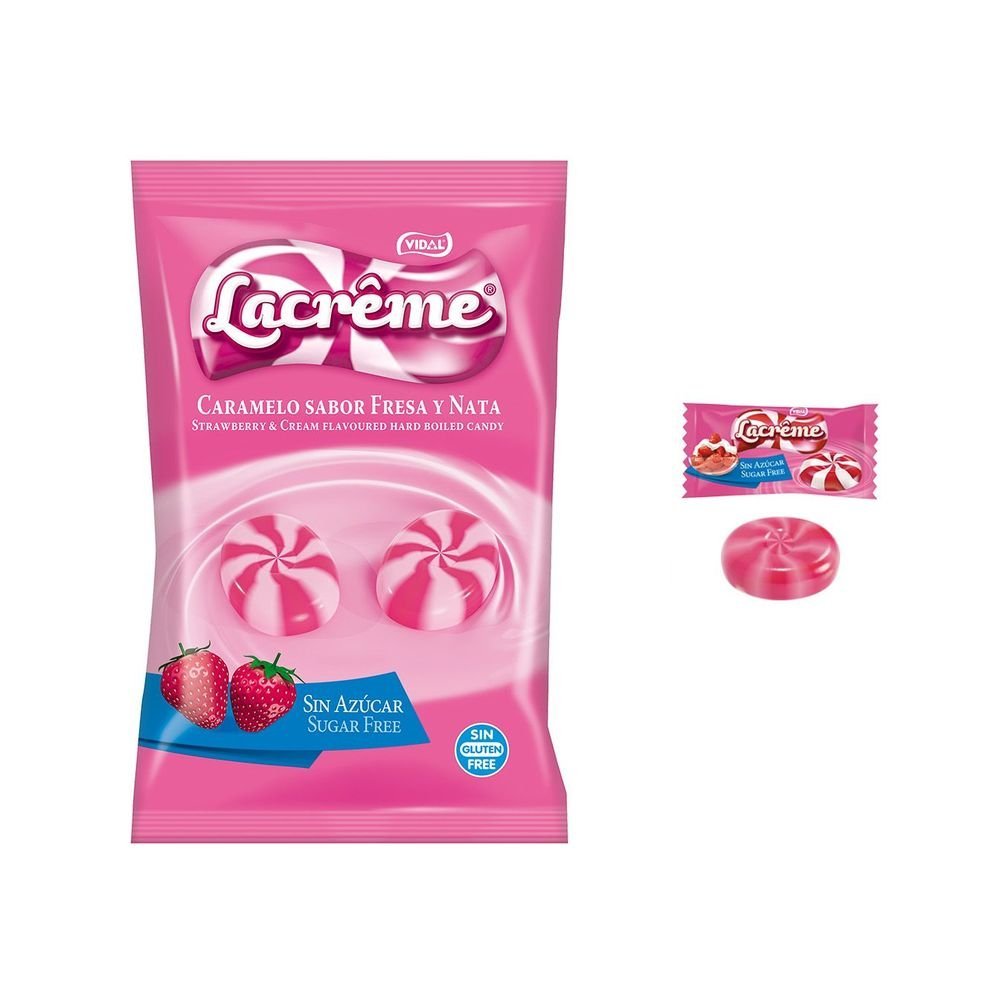 BOLSA CARAMELOS LA CREME FRESA NATA SIN AZUCAR 80 GR | VIDAL GOLOSINAS | ENVASE 12 UDS. UNIDAD | 18413178266786 Imagen principal del producto