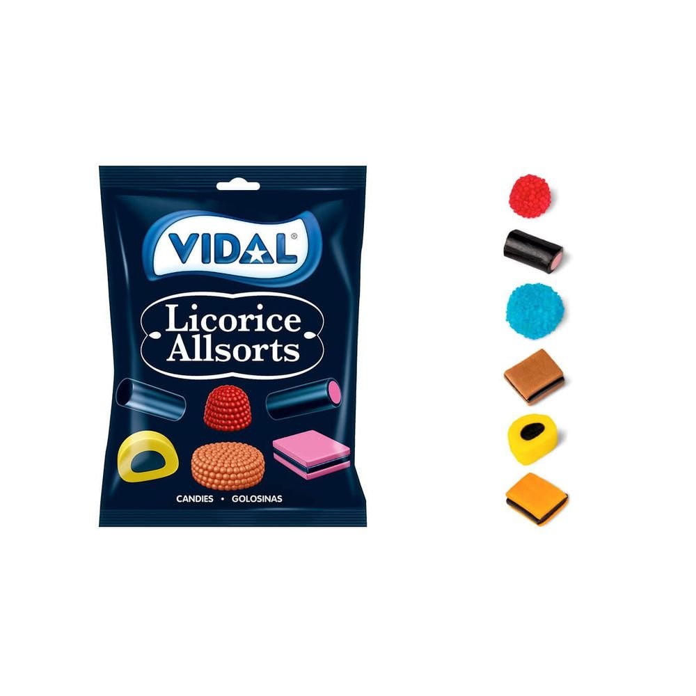 BOLSA CARAMELOS MASTICABLES LICORICES ALLSORTS 90GR | VIDAL GOLOSINAS | ENVASE 14 UDS. UNIDAD | 18413178339299 Imagen principal del producto
