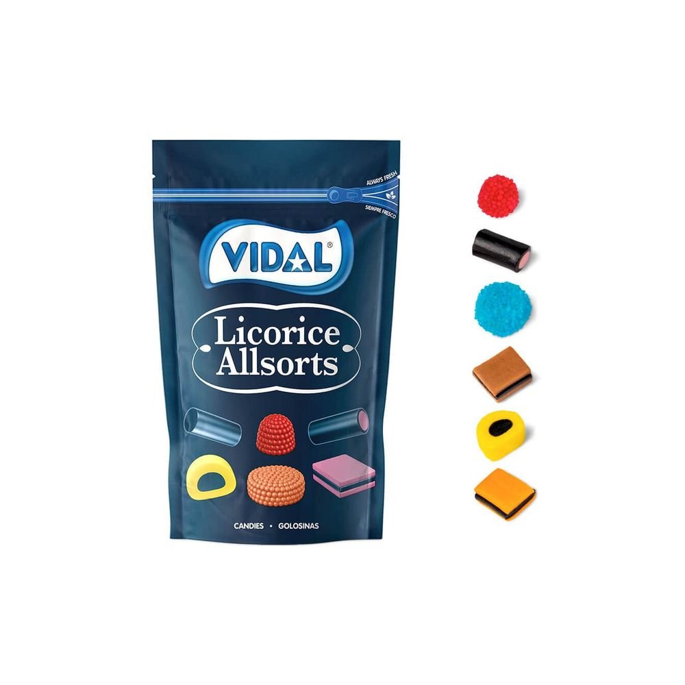 BOLSA CARAMELOS MASTICABLES LICORICES ALLSORTS 180GR | VIDAL GOLOSINAS | 1 UNIDAD | 18413178339305 Imagen principal del producto