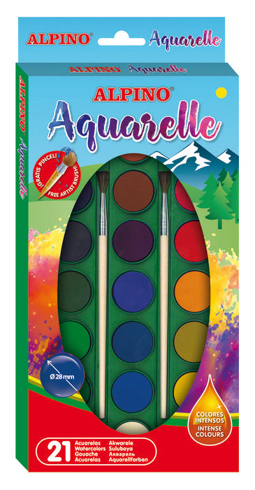 Estuche 21 acuarelas alpino + 2 pinceles colores surtidos