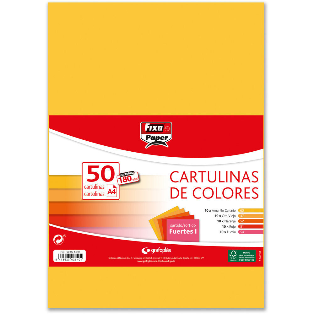 Paq/50 Cartulinas Fixo A4 180g. Surtidos Fuertes 1
