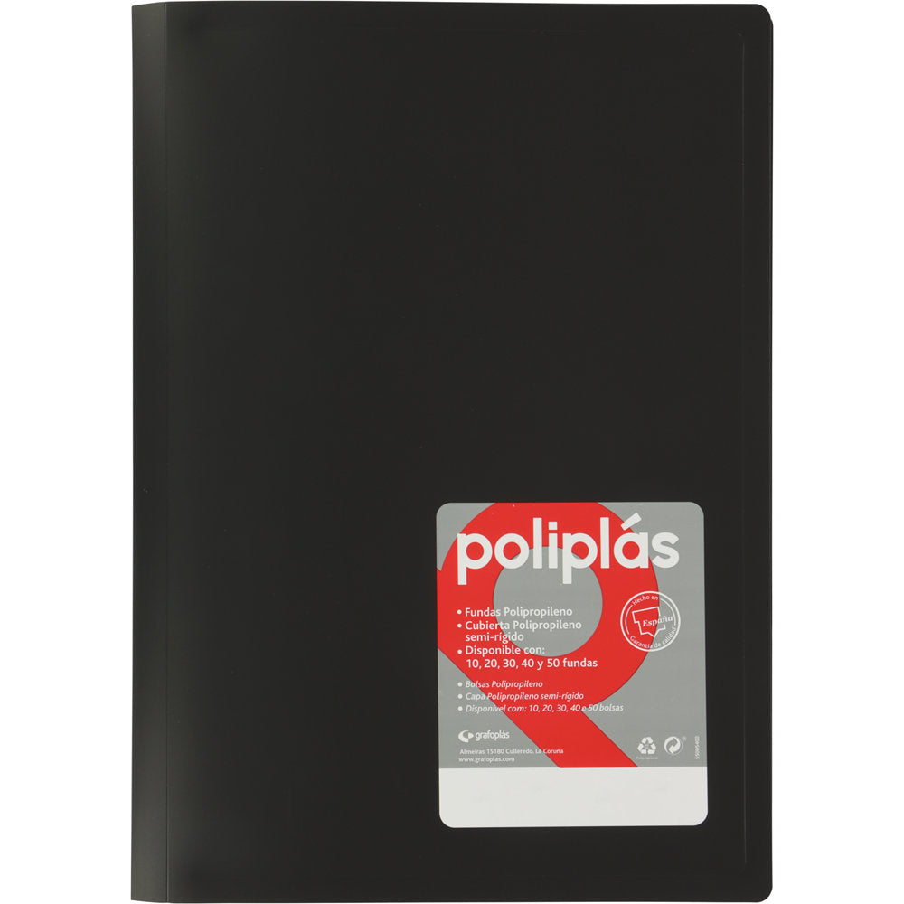 CARPETA POLIPLAS 40 FUNDAS DIN-A4 PP OPACO SEMIRIGIDO NEGRO | 5 UNIDADES | (GRAFOPLAS)