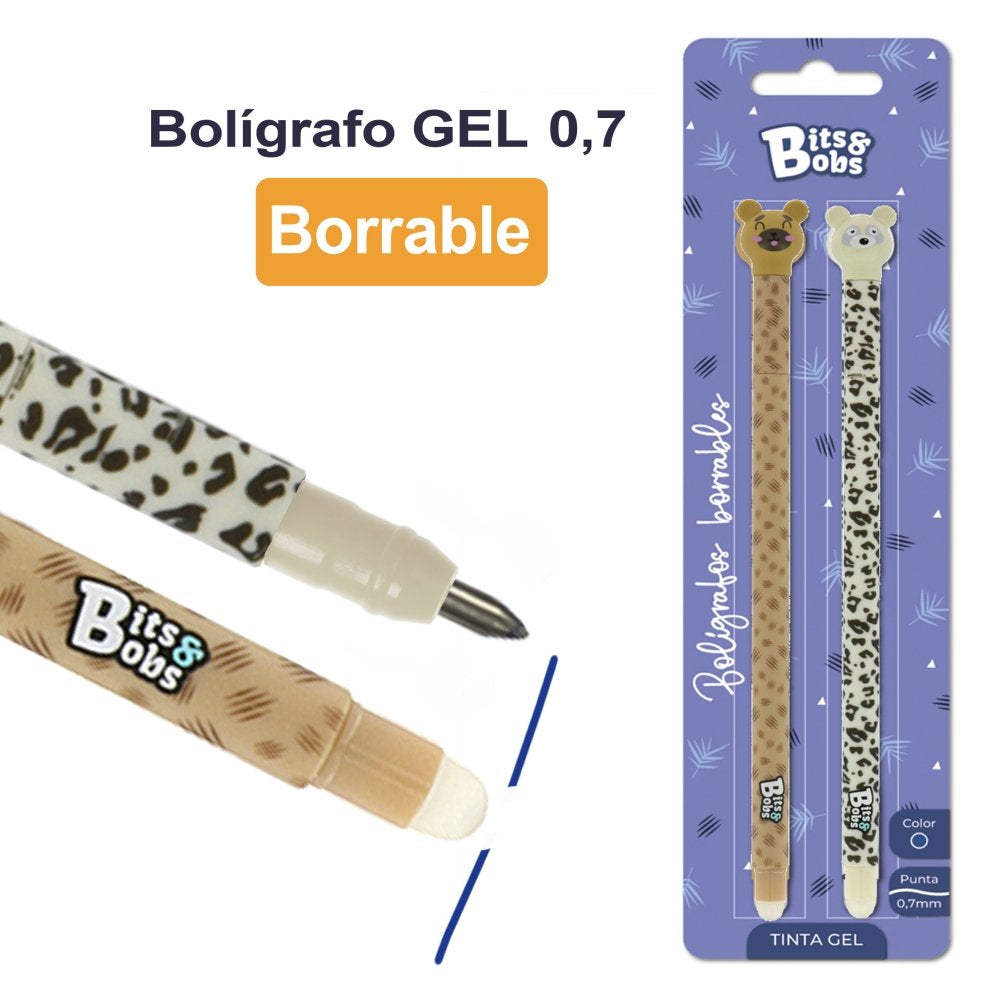 Blister 2 Bolígrafos Gel Borrable 0,7 mm Oso Leopardo BITS&BOBS