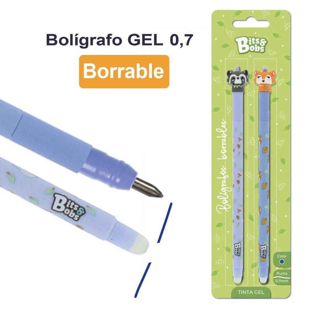 Blíster 2 bolígrafos gel borrables Zorro Mapache Bits&Bobs