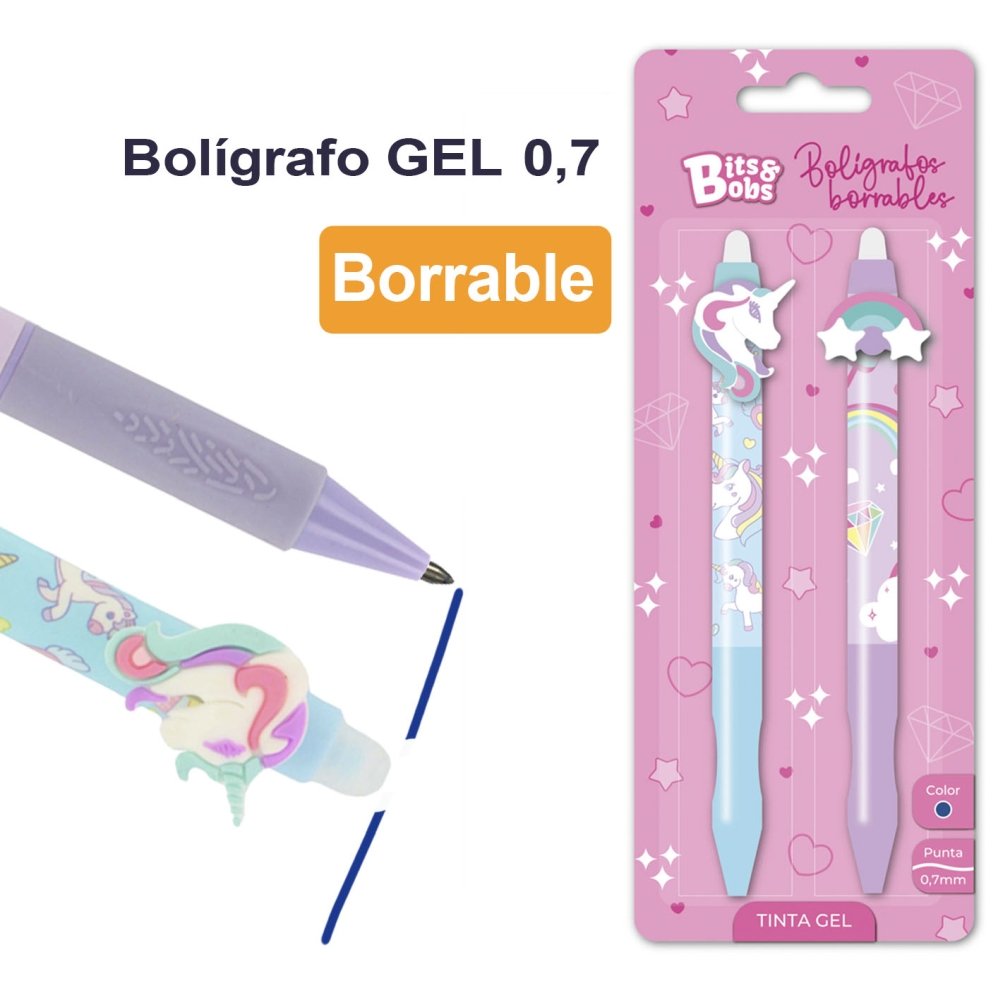 Blister 2 Bolígrafos Gel Borrables con Grip Unicornios Rainbow BITS&BOBS