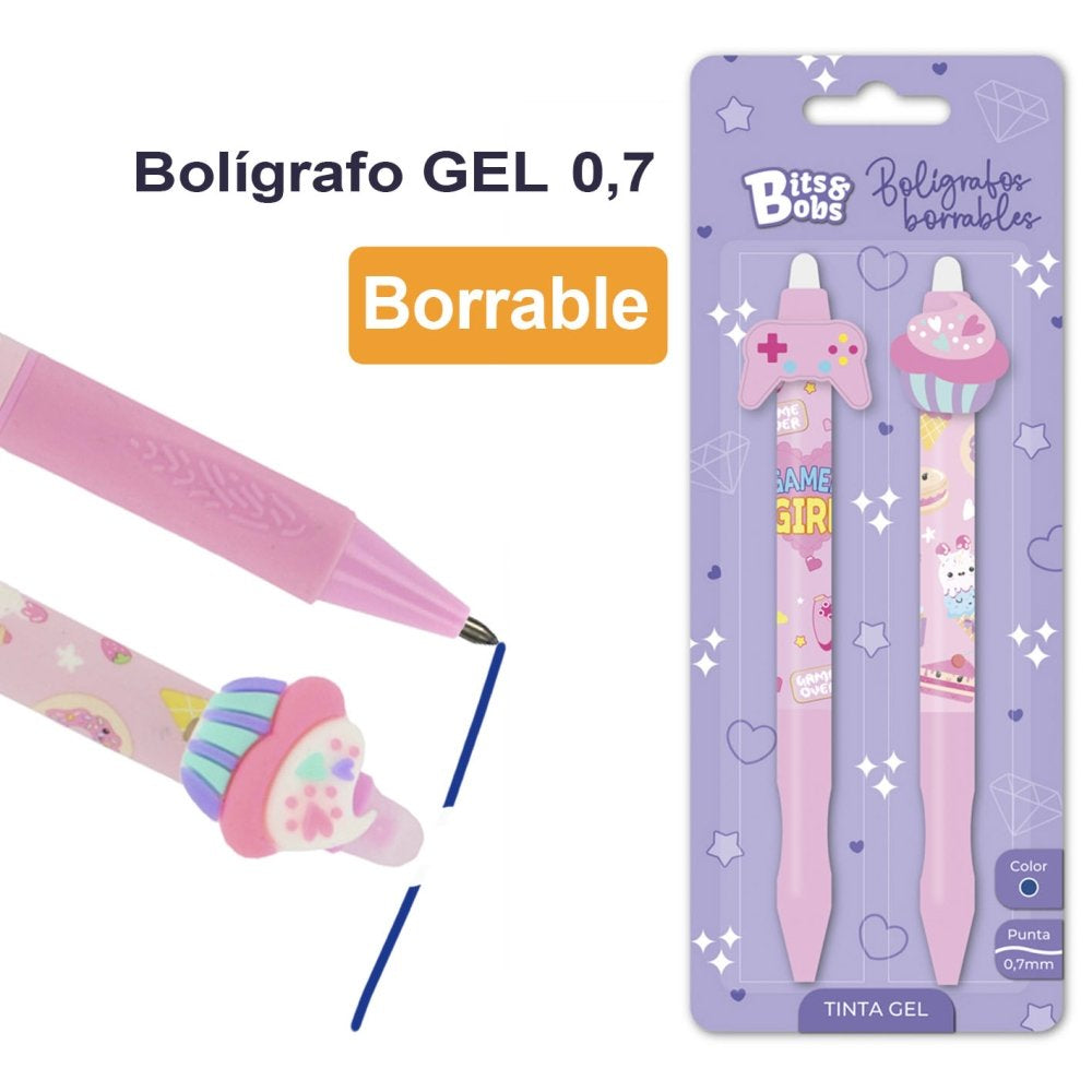 Blister 2 Bolígrafos Gel Borrable con Grip Game Cake BITS&BOBS