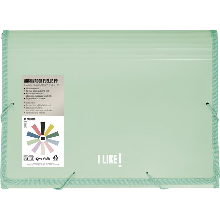 CARPETA ARCHIVADOR FUELLE GOMAS PP 13 SEPARADORES LIKE3 VER | 1 UNIDADES | (GRAFOPLAS) Imagen principal del producto
