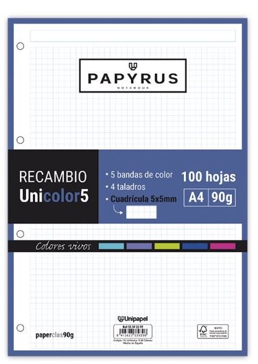 Recambio uni5 a4 100h 90g 4 taladros cuadricula 5x5 5 colores de banda tonos vivos