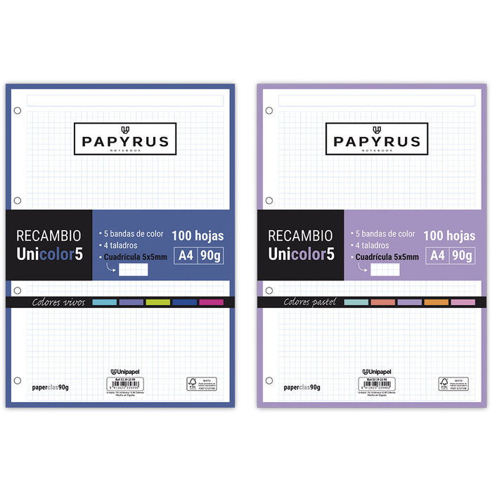 Recambio uni5 a4 100h 90g 4 taladros cuadricula 5x5 5 colores de banda tonos pastel