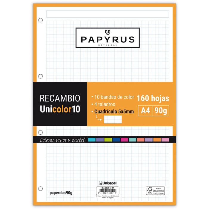 Recambio uni10 a4 160h 90g 4 taladros cuadricula 5x5 10 colores de banda tonos vivos y pastel Imagen principal del producto