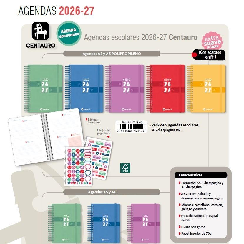 Pack 5 agendas escolares A6 día/página Centauro