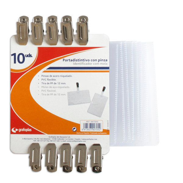 Bolsa 10 Portadistintivos con Pinz 70x108mm 150 Micras GRAFOPLAS Imagen principal del producto