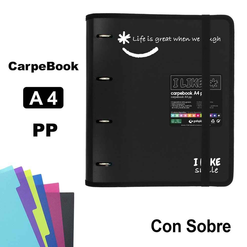 CARPEBOOK 4 ANILLAS 35 MM PP A4 LIKE2 NEGRO | 1 UNIDADES | (GRAFOPLAS DISEÑO) Imagen principal del producto