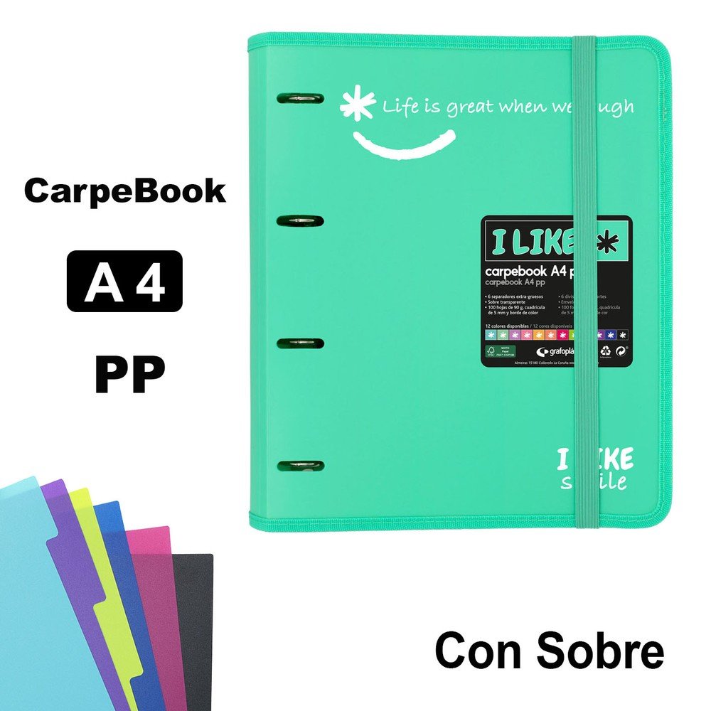 CARPEBOOK 4 ANILLAS 35 MM PP A4 LIKE2 VERDE MINT | 1 UNIDADES | (GRAFOPLAS DISEÑO) Imagen principal del producto