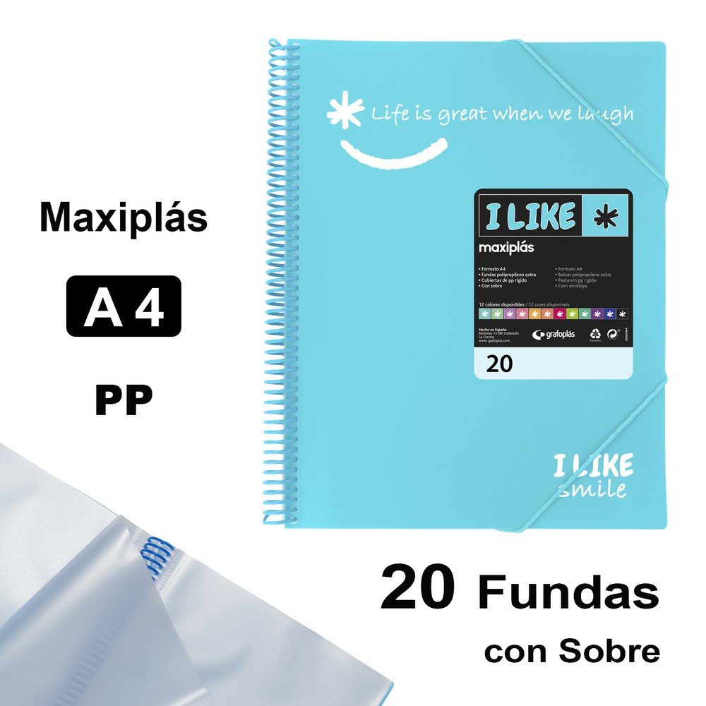 CARPETA 20 FUNDAS MAXIPLAS LIKE2 A4 AZUL CLARO | 1 UNIDADES | (GRAFOPLAS)