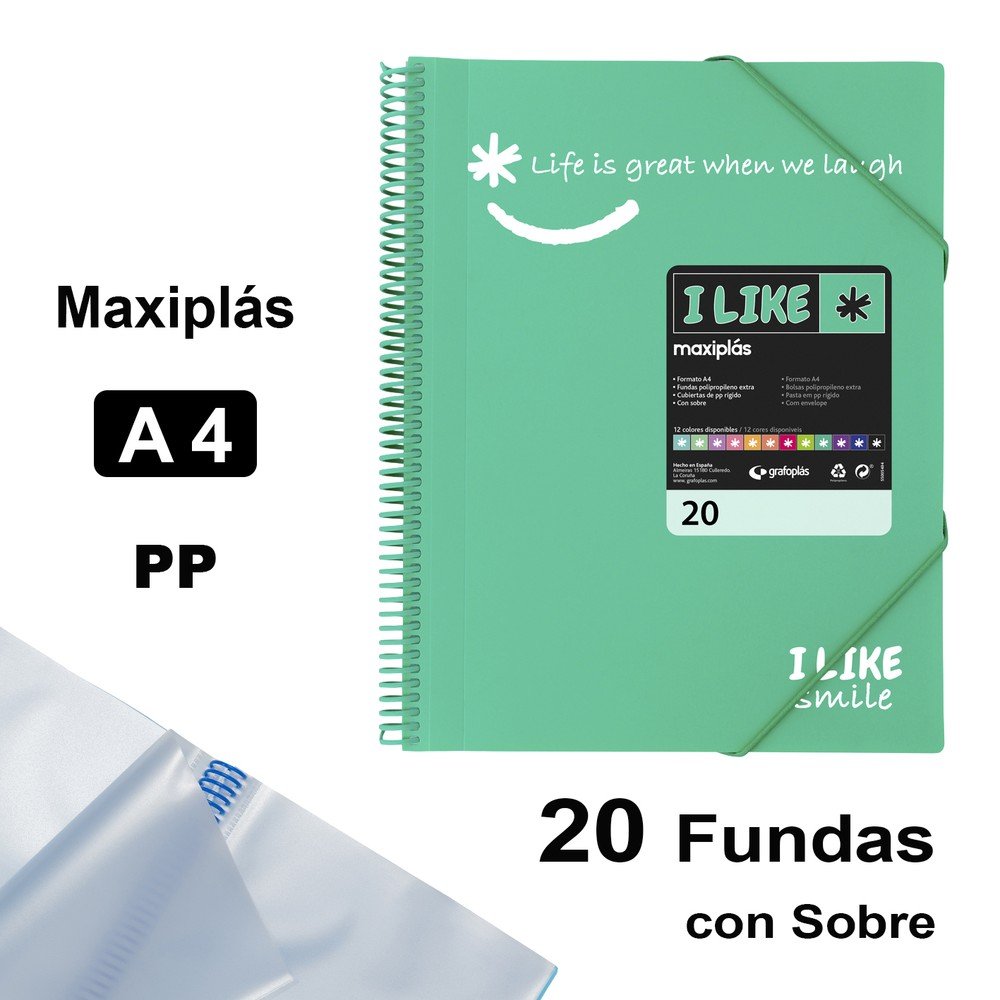 CARPETA 20 FUNDAS MAXIPLAS LIKE2 A4 TURQUESA | 1 UNIDADES | (GRAFOPLAS)