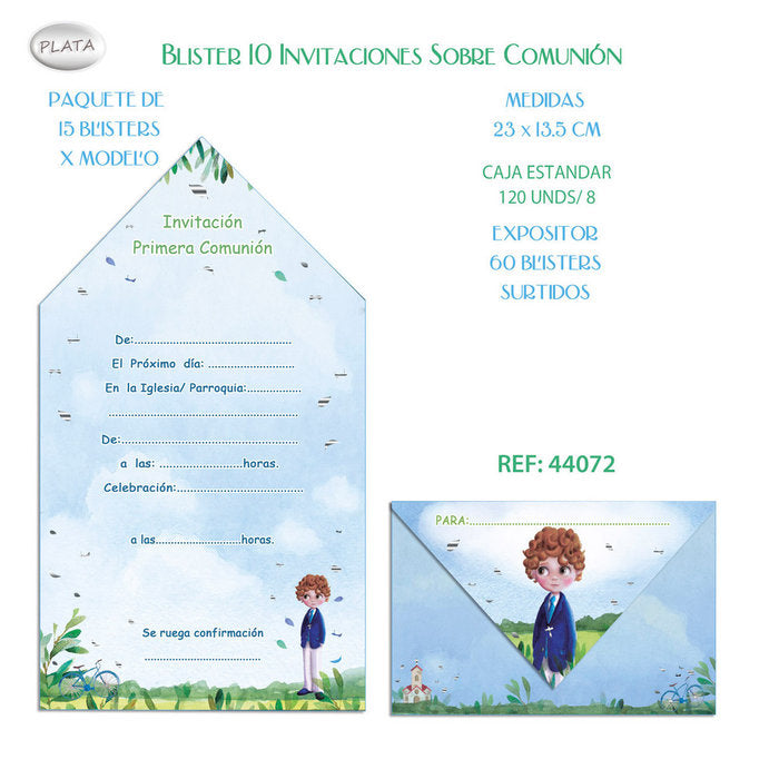 Blister 10 Invitaciones Sobre Comunión Niño Bici Arguval Imagen principal del producto