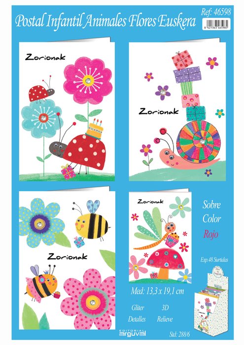 POSTAL INFANTIL ANIMALES FLORES EUSKERA 48 UNIDADES SURTIDAS | ARGUVAL, S,L, | ENVASE 48 UDS. UNIDAD | 8421363465985 Imagen principal del producto