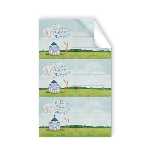 Blister 9 stickers Comunión Iglesia Azul, pack 10 ud