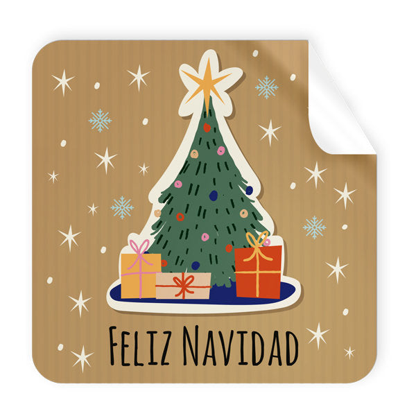 Rollo 250 Etiquetas Cuadrada Arbol Feliz Navidad
