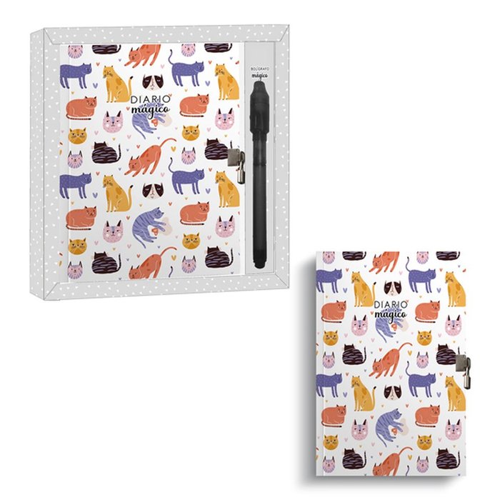 DIARIO CON BOLIGRAFO MAGICO GATOS 90P DECORADAS Y CERRADURA | 1 UNIDADES | (ARGUVAL, S,L,)