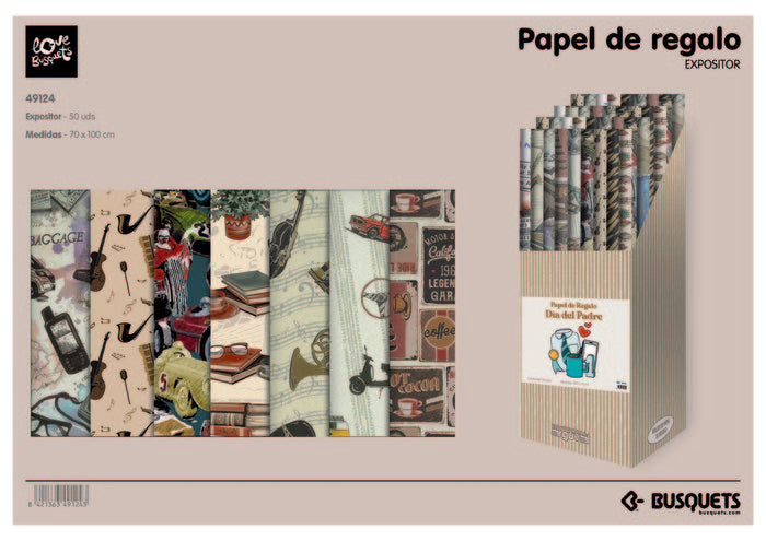 PAPEL REGALO HOMBRE ROLLO 70X100CM 50U | ARGUVAL, S,L | ENVASE 50 UDS. UNIDAD | 8421363491243 Imagen principal del producto