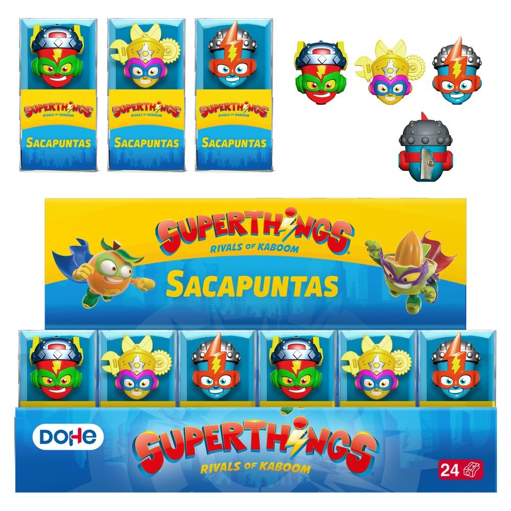 Expositor 24 Sacapuntas Superthings Surtidos Marca Dohe Regalo