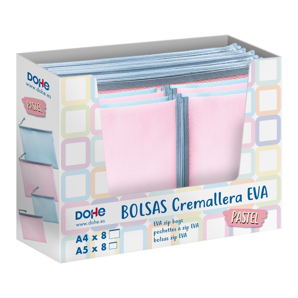 Expositor 16 Bolsas Cremallera Eva A4 y A5 Pastel Surtidas Marca Dohe Basico