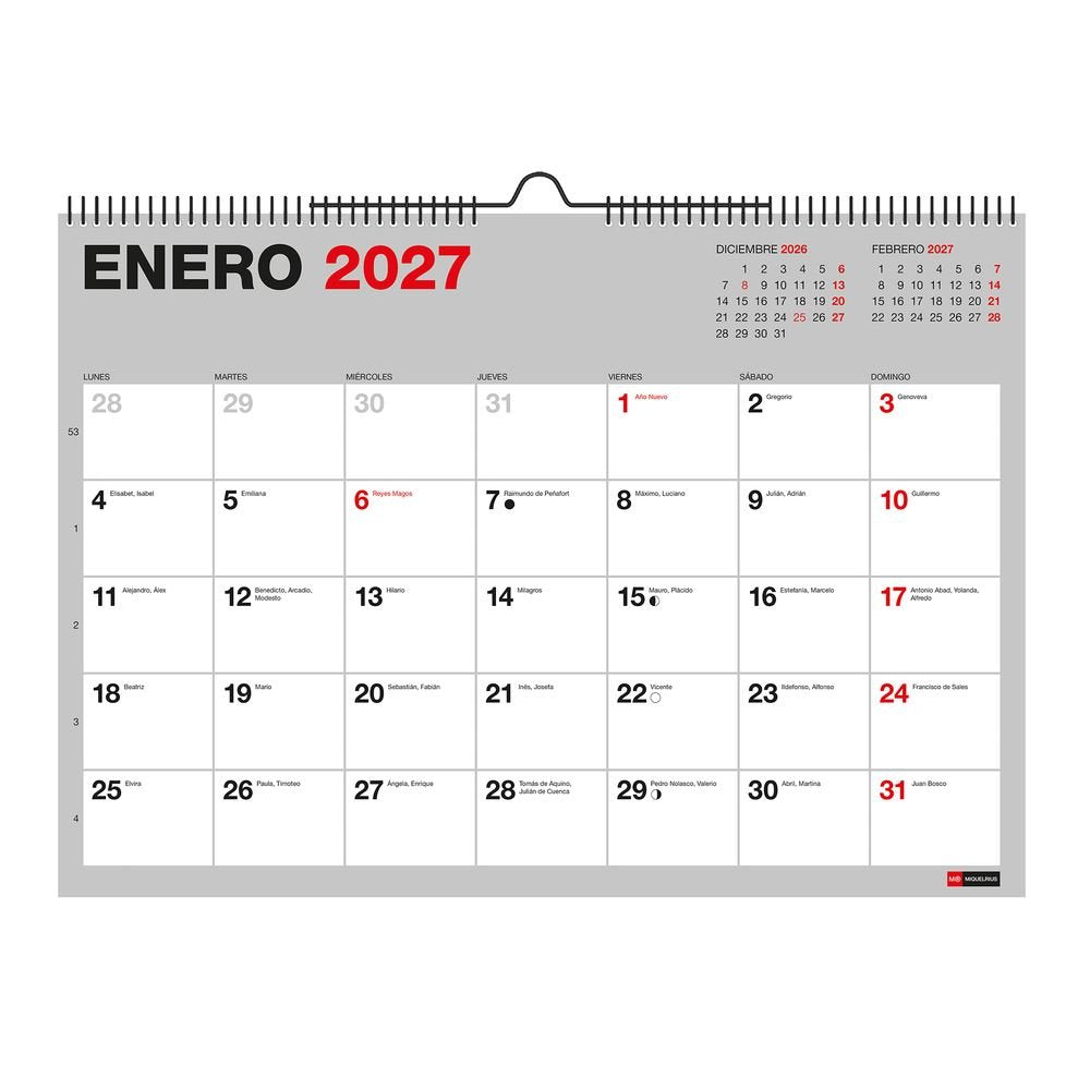 Calendario de pared A3 18 meses 2026-2027 Miquelrius
