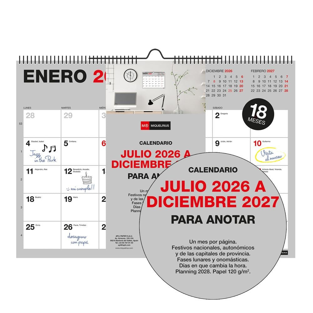 Calendario de pared A3 18 meses 2026-2027 Miquelrius