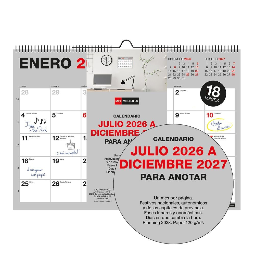 Calendario 18 meses pared A4 Miquelrius 2026-2027