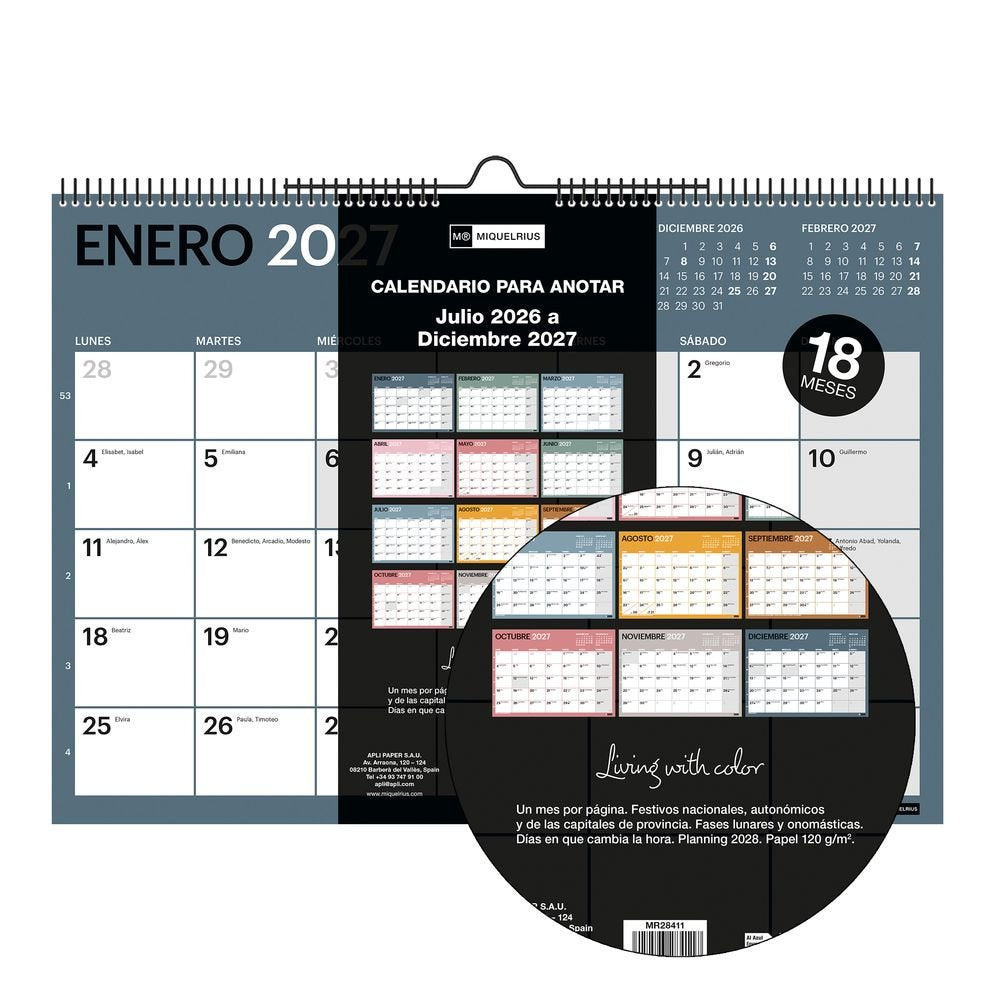 Calendario 18 meses pared A3 Miquelrius 2026-2027
