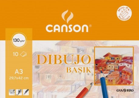 Minipack 10 laminas dibujo basik liso a3 130 g.