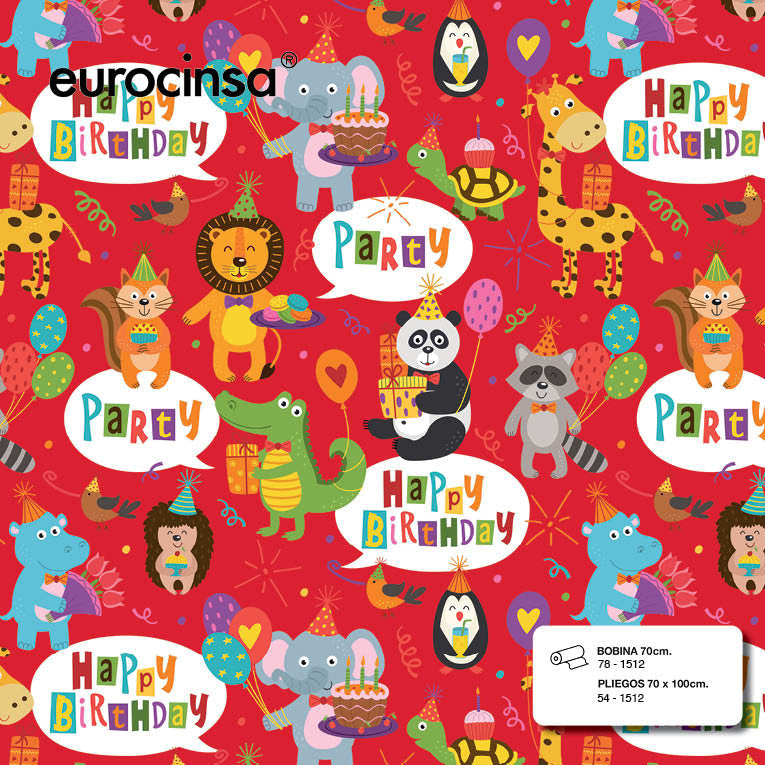 PAPEL REGALO BOBINA 62CM INFANTIL ANIMALES FONDO ROJO | EUROCINSA | 1 UNIDAD | 8422917751288 Imagen principal del producto