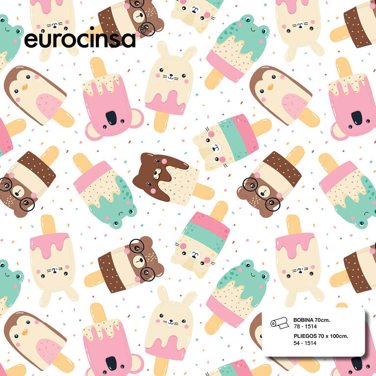 PAPEL REGALO BOBINA 31CM INFANTIL HELADOS ANIMALES | EUROCINSA | 1 UNIDAD | 8422917751448