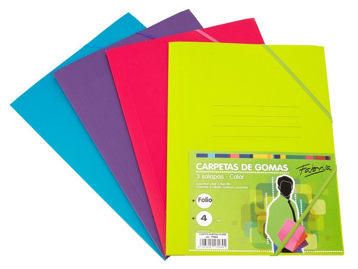 PAQ/4 CARPETA CARTON Fº GOMAS Y SOLAPAS FLUOR SURTIDOS