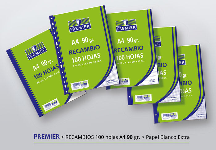RECAMBIO A4 100H 90GR 4 TALADROS CUADRO 4MM PREMIER | 40 UNIDADES | (MANIPULADOS ZORRILLA) Imagen principal del producto