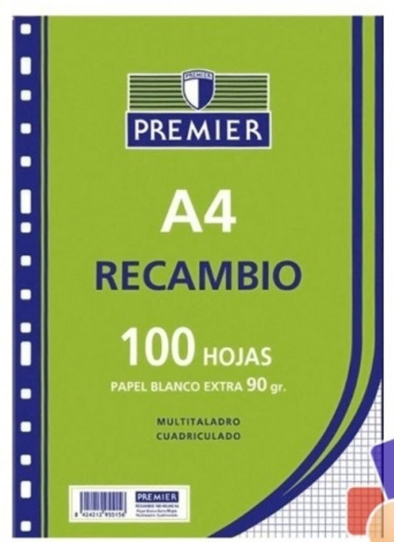 ✅ RECAMBIO CARPESANO PREMIER 100H A4 90GR CUADRO 4X4 - 4 TALADROS