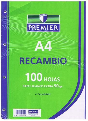 RECAMBIO A4 100H 90GR 4 TALADROS MILIMETRADO | 1 UNIDADES | (MANIPULADOS ZORRILLA)