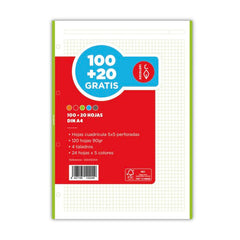 RECAMBIO 5 COLORES A4 100+20 HOJAS 90G CUADRO 5X5 4 TALADROS | 1 UNIDADES | (ESCOLOFI)