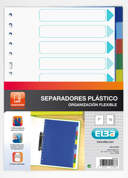 SEPARADORES FOLIO PLASTICO 10 POSICIONES COLORES SURTIDOS | 50 UNIDADES | (ELBA)